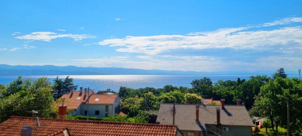 a view of the ocean from a town with houses at Apartments Skorup in Ičići