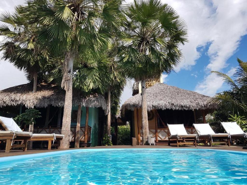 a large swimming pool with palm trees and chairs at Terra Patris in Barra Grande