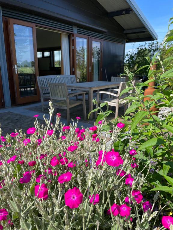 une terrasse avec des fleurs roses, une table et des chaises dans l'établissement Hestar Husid, het luxe paardenhuis, à Weesp