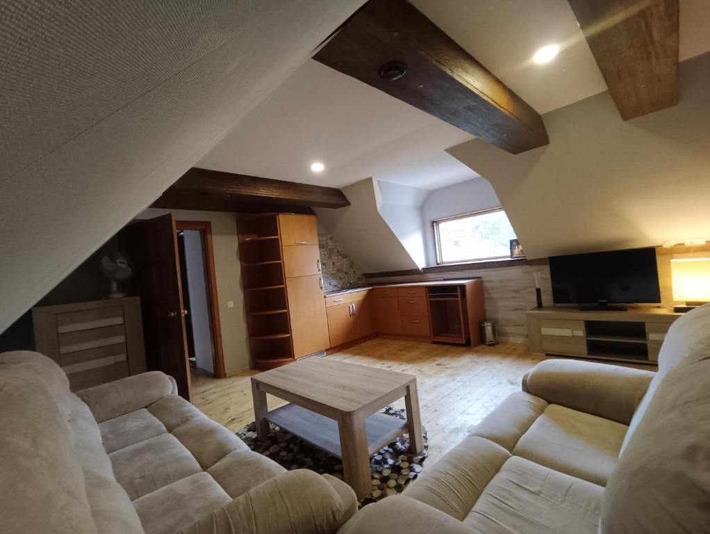 ein Wohnzimmer mit einem Sofa und einem Tisch in der Unterkunft Surf Apartments in Melnrage in Klaipėda
