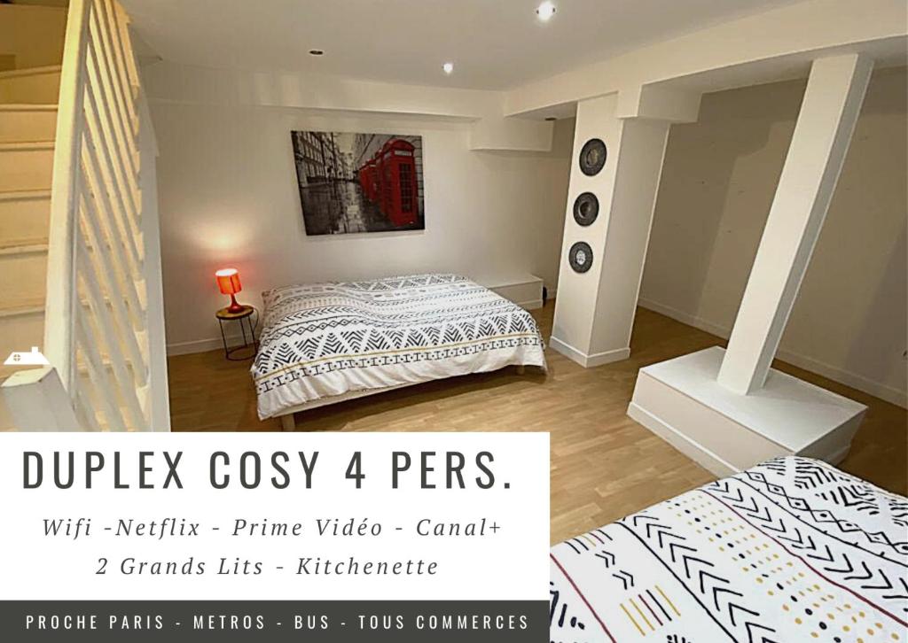 1 Schlafzimmer mit 2 Betten und einem Himmelbett in der Unterkunft Duplex Cosy proche Paris(5mn)sans commission en + in Alfortville