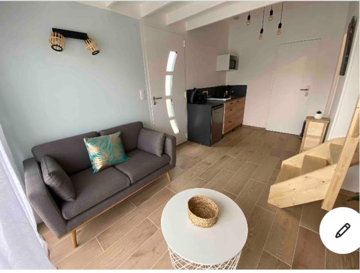 a living room with a couch and a table at Superbe appartement climatisé avec jardin entre mer et montagne in Anglet