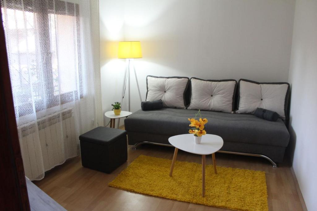 een woonkamer met een bank en een tafel bij Apartment KAPO in Sarajevo