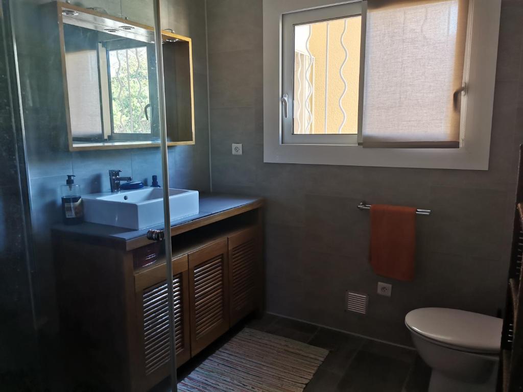 ein Bad mit einem Waschbecken, einem WC und einem Fenster in der Unterkunft Vue Mer à 20 mètres de la plage ! in Six-Fours-les-Plages