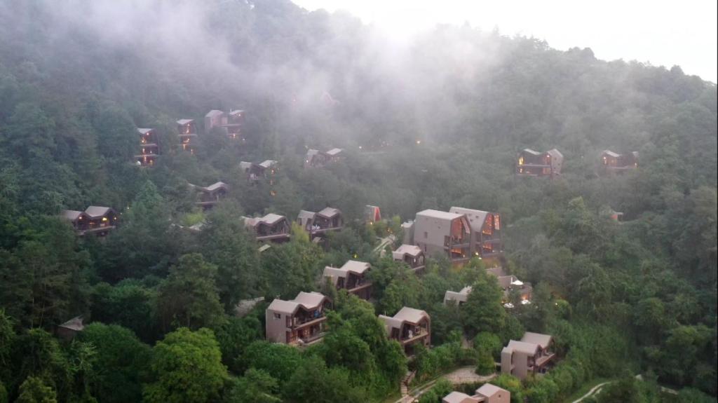a group of houses in the middle of a forest at Kavya Resort & Spa in Nagarkot