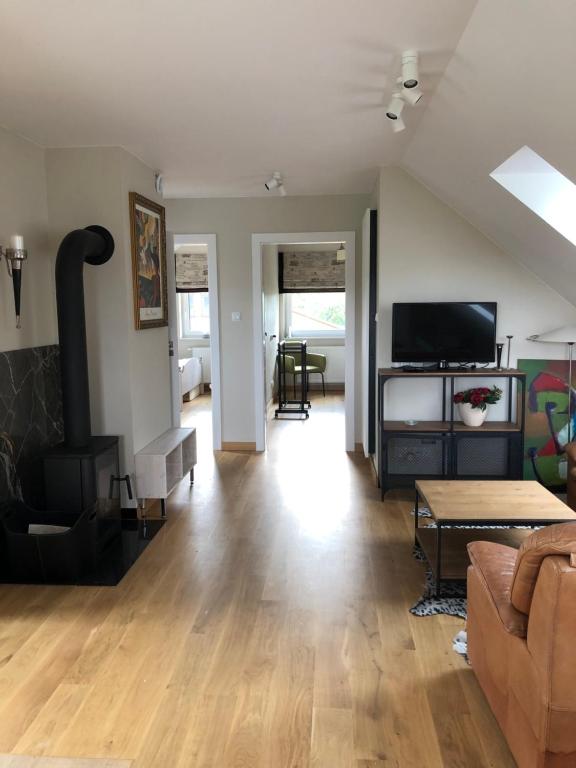 a living room with a couch and a flat screen tv at Apartament na Podlasiu in Mielnik