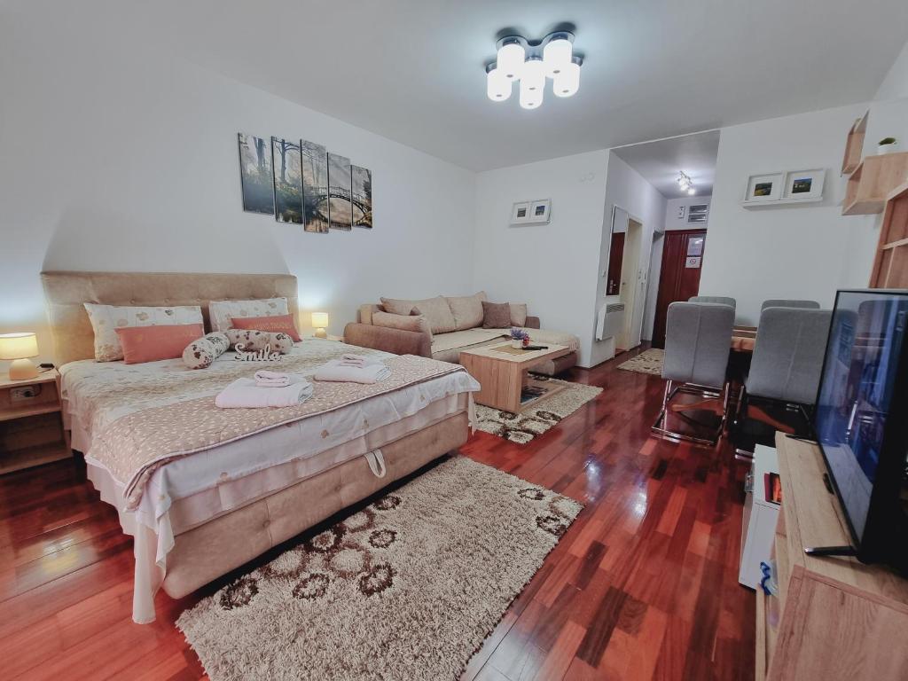 um quarto com uma cama e uma sala de estar em Apartman Temida Lux em Vrnjačka Banja