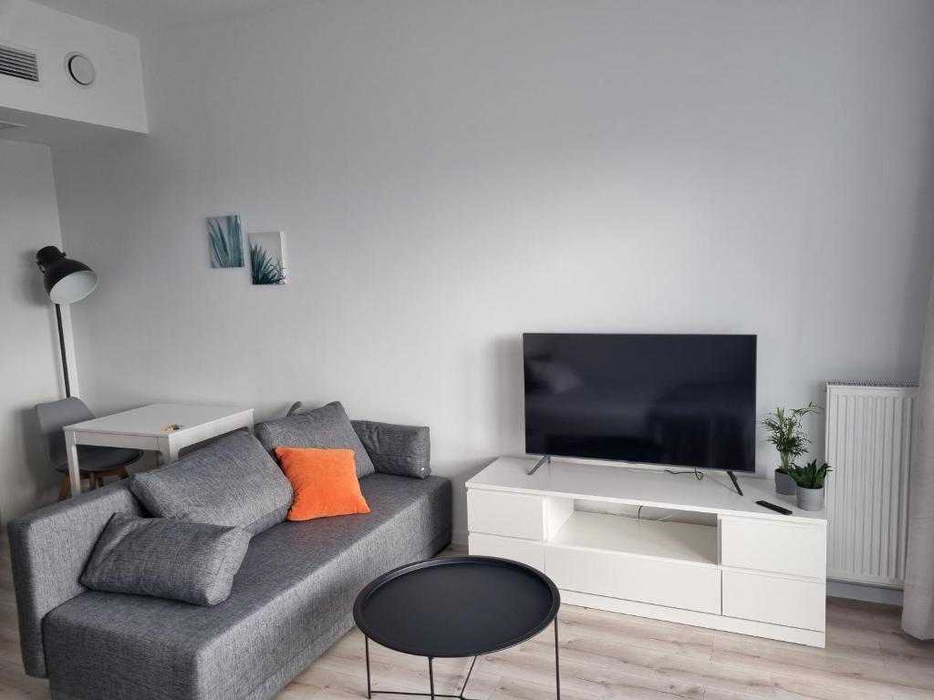 sala de estar con sofá gris y TV en JBHotels Apartament Comfort Hanza Tower, en Szczecin
