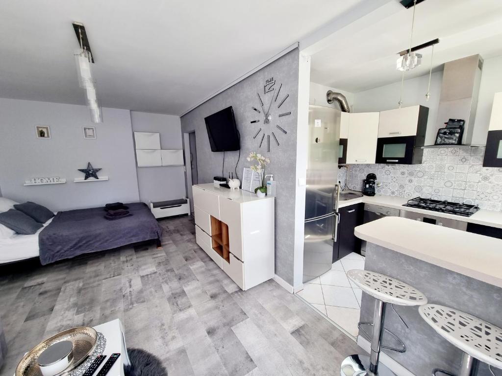 a room with a kitchen and a living room at Górski Apartament in Karpacz