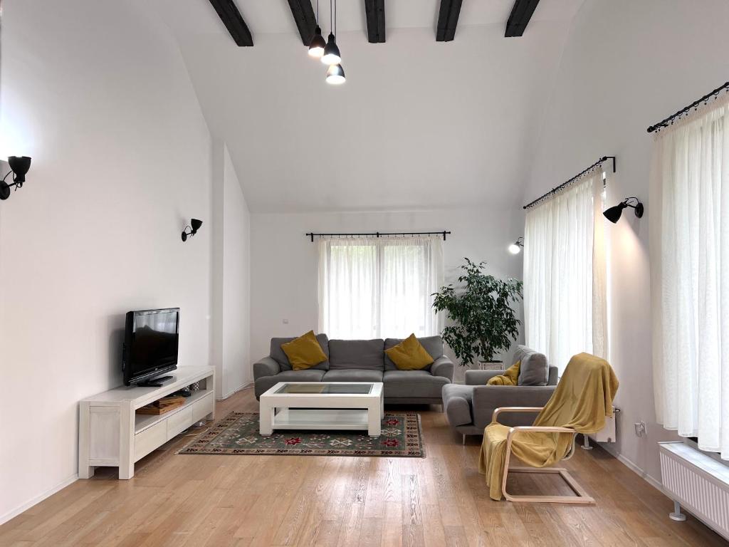 a living room with a couch and a tv at Villa NOVA in Bran