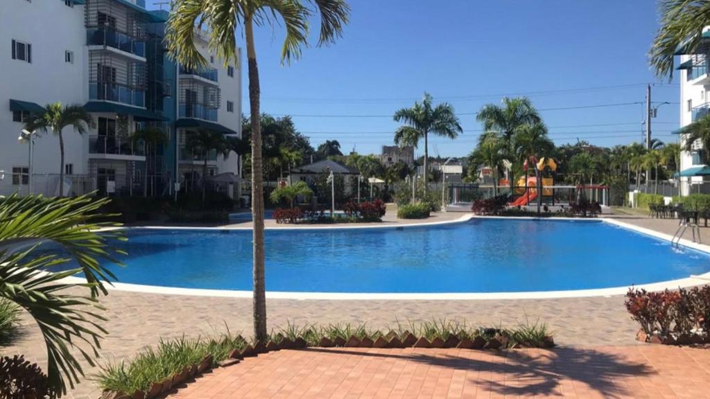 a large swimming pool with palm trees and buildings at Chez Coralie in Santiago de los Caballeros