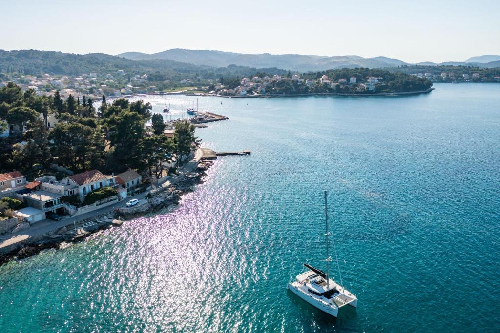 a boat sitting in the middle of a large body of water at Apartments Nikolina in Lumbarda