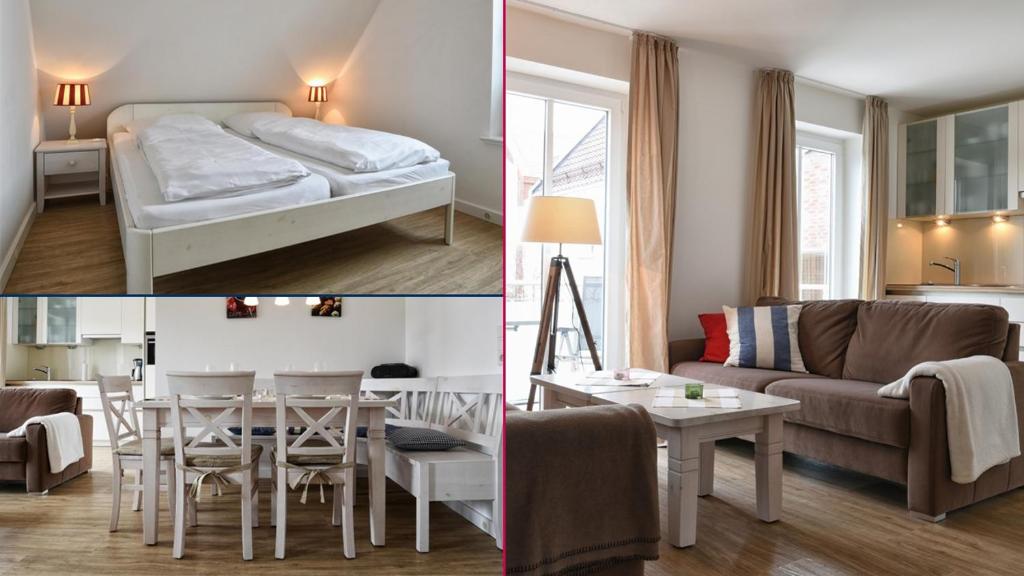 un soggiorno e una camera da letto con un letto e un tavolo di Stadtwohnung 8 a Wyk auf Föhr