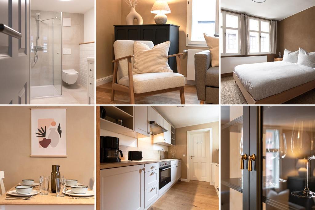 een collage van vier foto's van een hotelkamer bij Ferienwohnung Lukas - Lehm erleben in Tangermünde