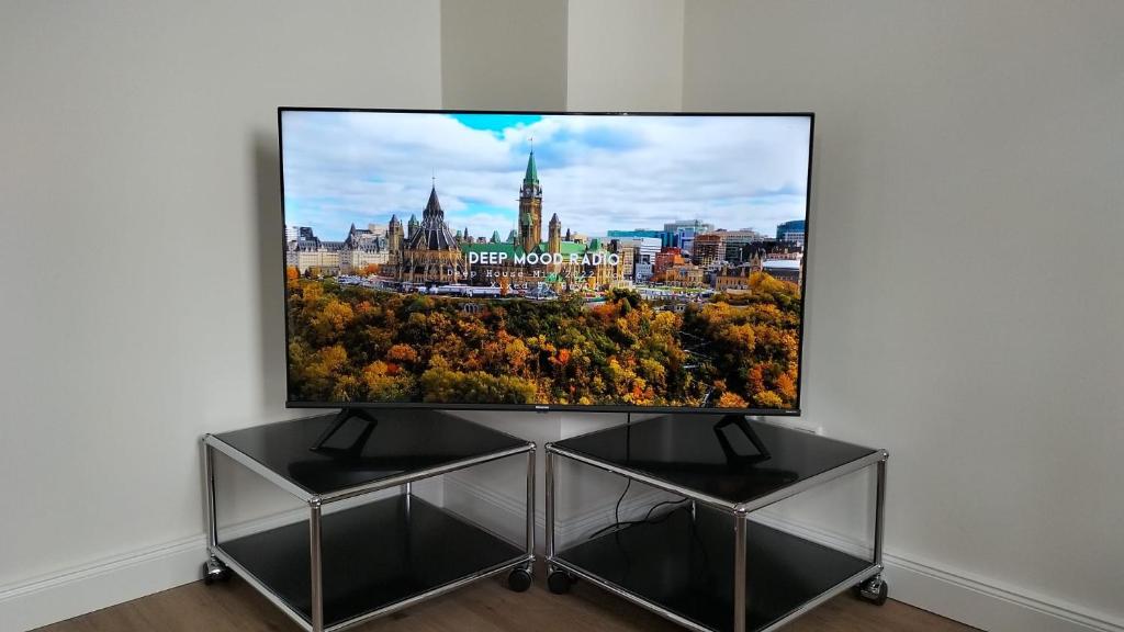 Una televisión o centro de entretenimiento en Exklusives City-Apartment im Herzen Oldenburgs mit Balkon und Parkplatz A36