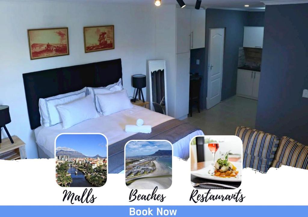 a bedroom with a bed with two pictures of meals and a table with food at Pixie Lodge in Cape Town