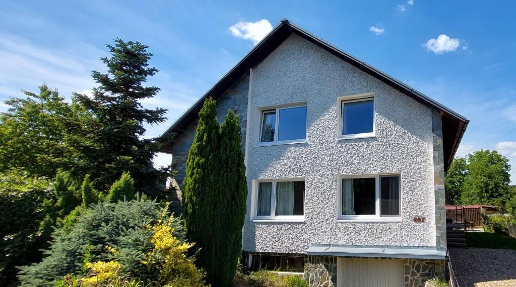 una casa gris con ventanas blancas y un árbol en Apartmány Kousek od jezera, en Doksy