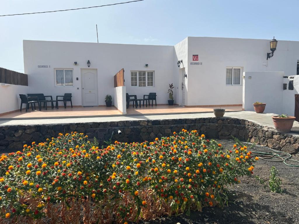 un giardino di fiori d'arancio di fronte a un edificio di Casa Escanfraga I a Villaverde