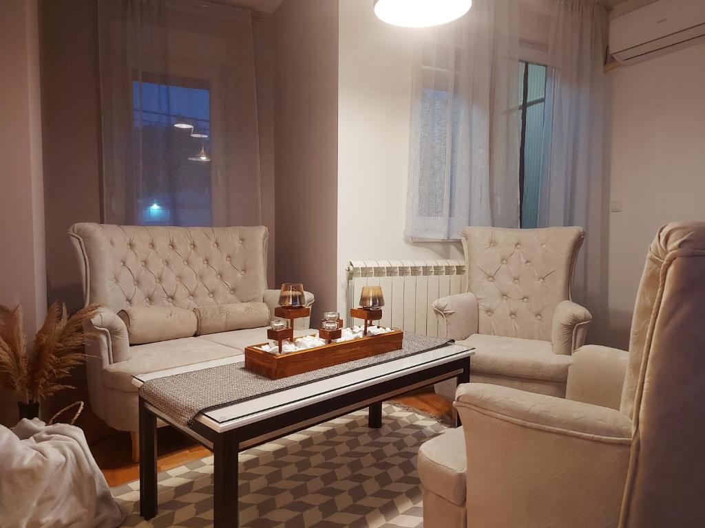 uma sala de estar com duas cadeiras e uma mesa de centro em River Lux em Sremska Mitrovica