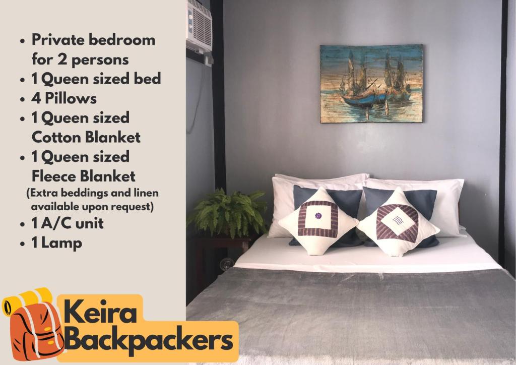 a poster of a bedroom with a bed with pillows at Keira Backpackers in El Nido