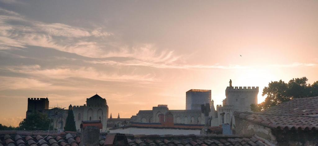 panoramę miasta z zachodem słońca w tle w obiekcie Maison intra muros, terrasses avec vue jaccuzzi et garage w Awinionie