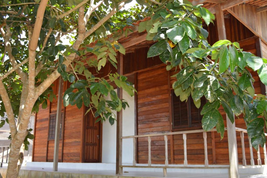 una casa de madera con un árbol delante en Aldeia Mari-Mari Amazon Lodge, en Presidente Figueiredo