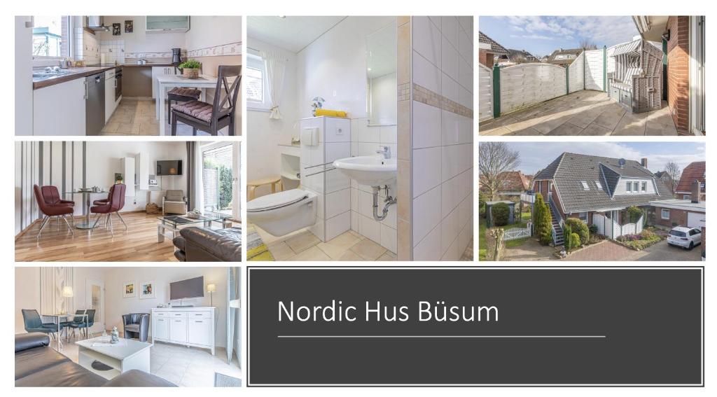 a collage of photos of a nordicitz bathroom at Nordic Hus Büsum in Büsum
