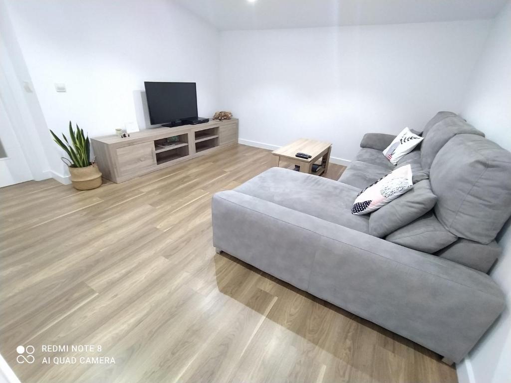 Sala de estar con sofá gris y TV en Villa Lupita, en Sanxenxo