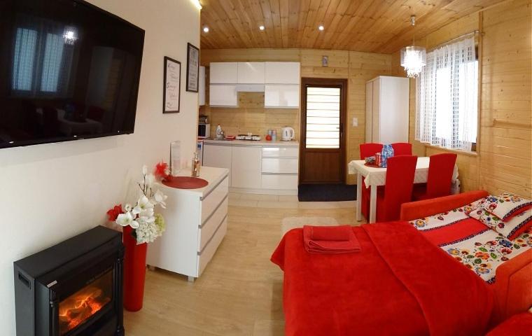 a living room with a fireplace and a kitchen at Nowoczesny Domek Góralski in Kielce