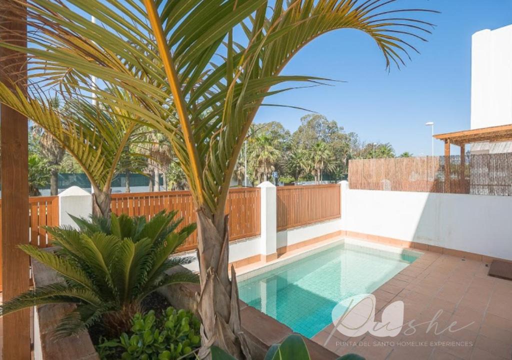 una piscina con una palma accanto a una recinzione di PUSHE Village Playa Granada Beach & Golf 1 a Motril