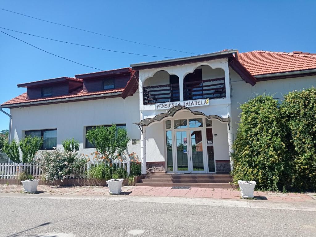 a white building with a door on a street at Pensiunea Daiadela in Duşeşti