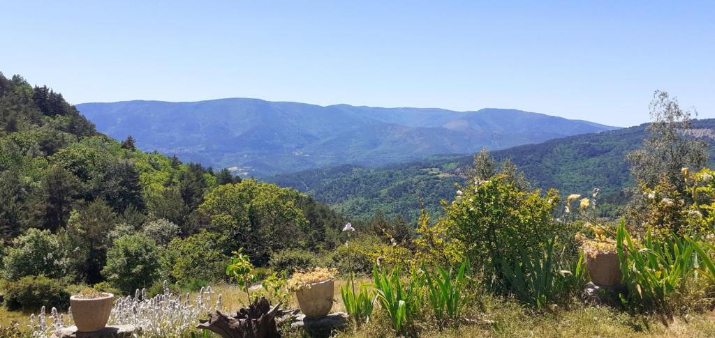 une vue d'une colline avec des montagnes en arrière-plan dans l'établissement Le devezou Malons et Elze, à Malons-et-Elze