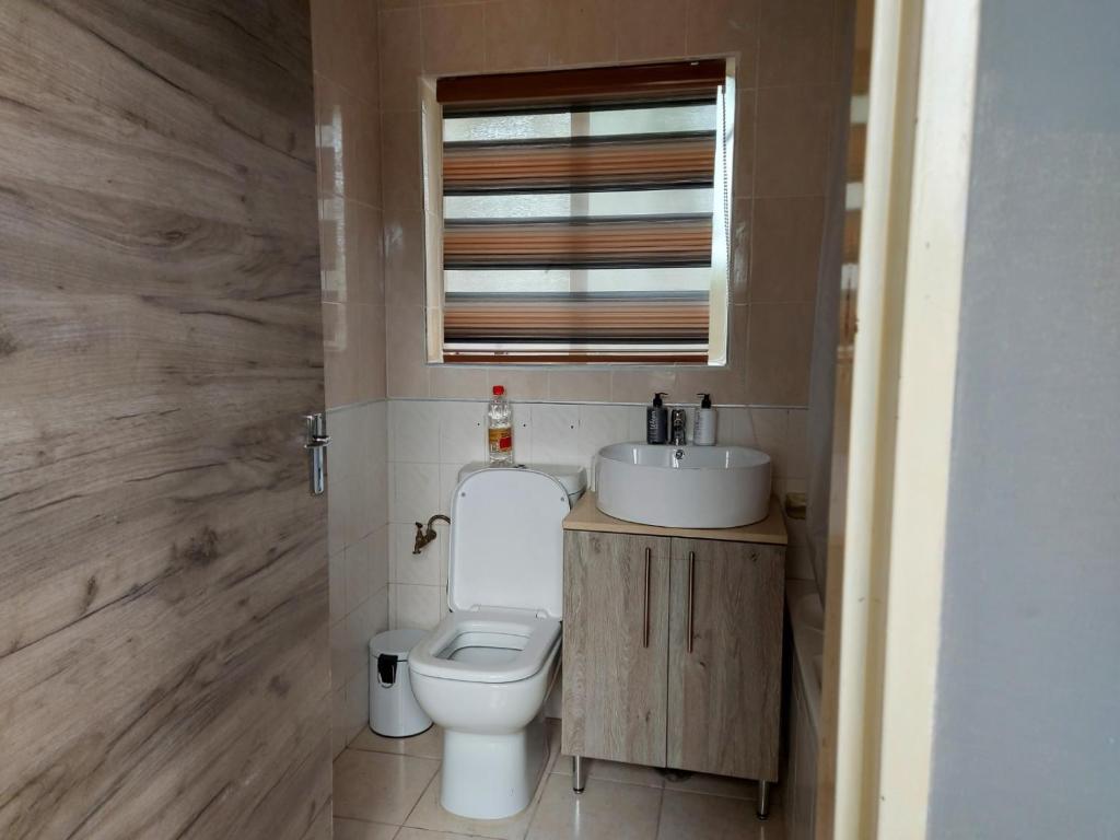 a bathroom with a toilet and a sink and a window at Recoupe in East London