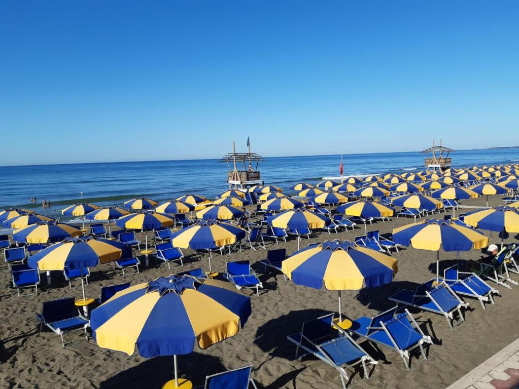 un montón de sombrillas azules y amarillas en la playa en Hotel Tirreno, en Latina