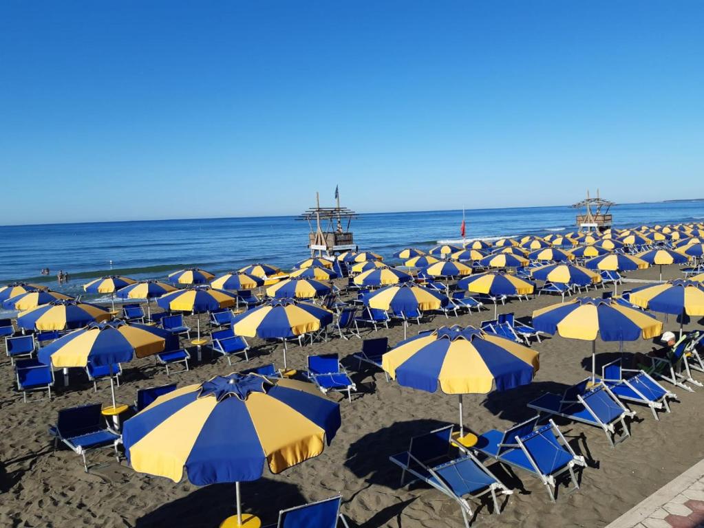 kilka niebieskich i żółtych parasoli na plaży w obiekcie Hotel Tirreno w mieście Latina