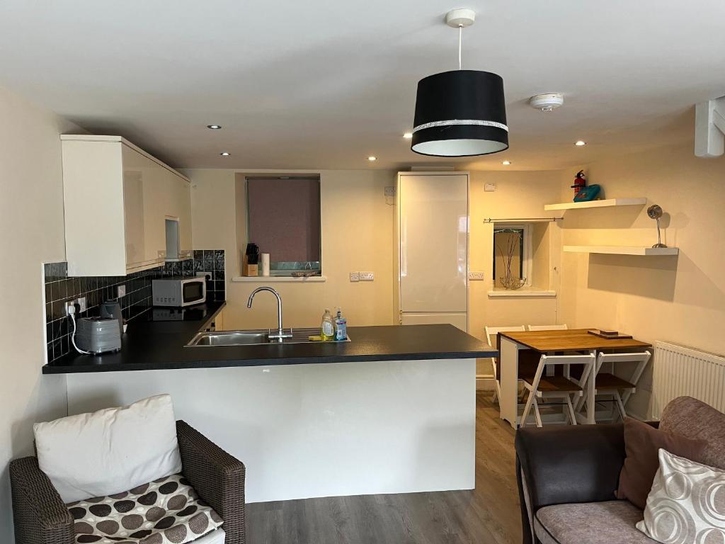 a kitchen and living room with a sink and a counter at Tan y Marian in Cwm-y-glo