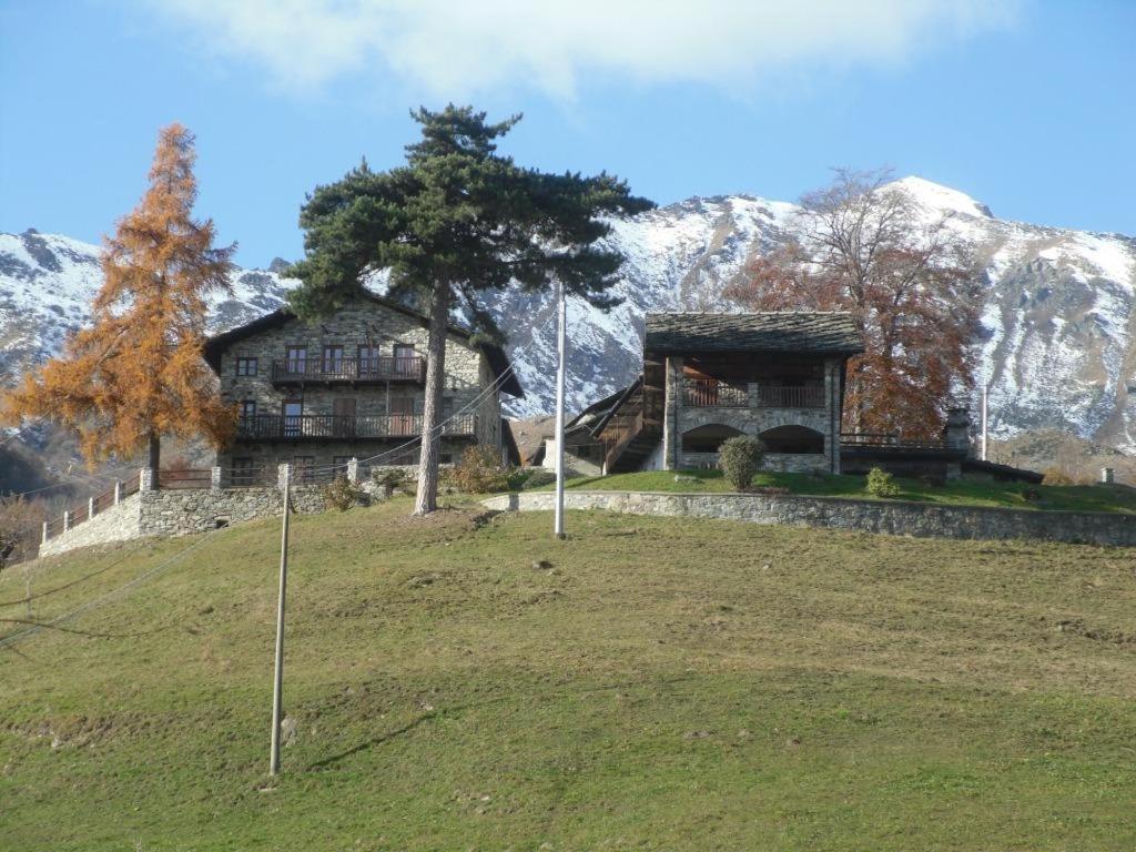 ein Haus auf einem Hügel vor einem Berg in der Unterkunft AGRITURISMO IL RUNCH DI MAJRANO LUCA in Viù