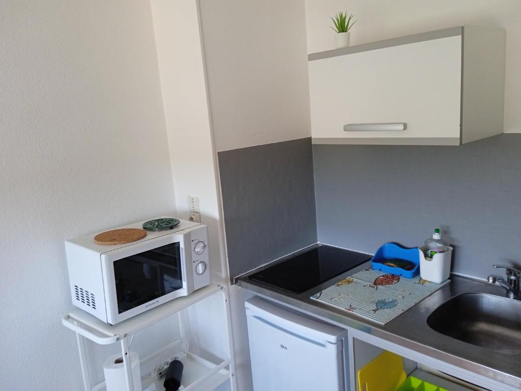 eine kleine Küche mit Mikrowelle und Spüle in der Unterkunft Studio - Marina 4 - 13 allée des Pinons - 4-1 in Saint-Jean-de-Monts