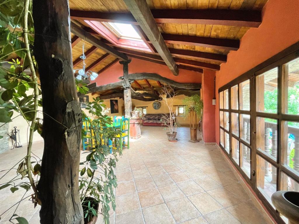 einen Innenflur mit orangefarbenen Wänden und einem Baum in der Unterkunft Musikarte Etxea in Estavillo