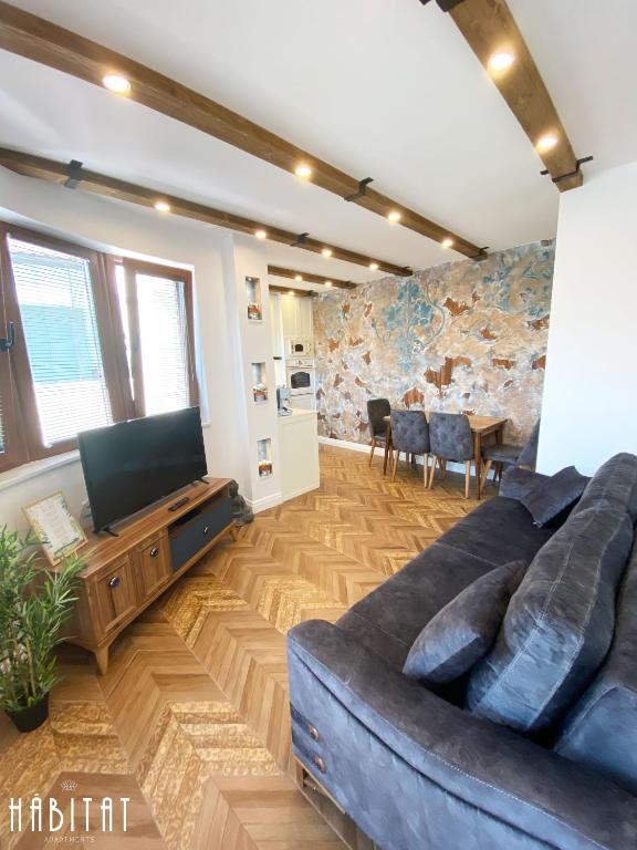 a living room with a blue couch and a tv at Habitat Central Apartment in Ruse