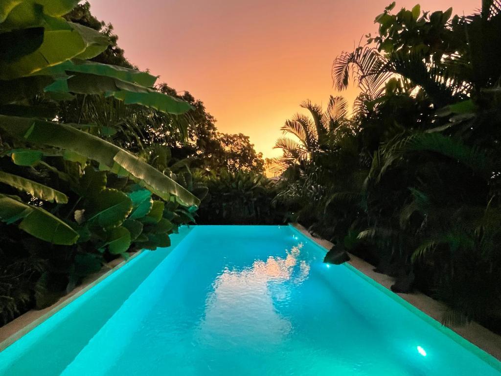 a blue swimming pool with a sunset in the background at Gaia Villas in Nungwi
