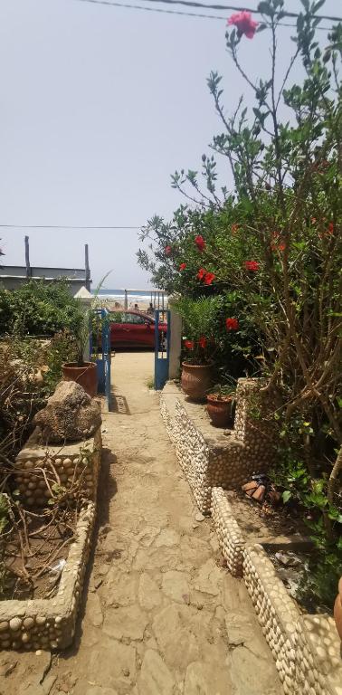 Ein Garten mit Blumen und ein Zug im Hintergrund in der Unterkunft B&B restaurant OCÉAN in Briech
