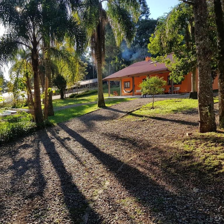 a house with palm trees in front of it at Cabana - Piscina - Lago - Pet - 50min Curitiba in Tijucas do Sul