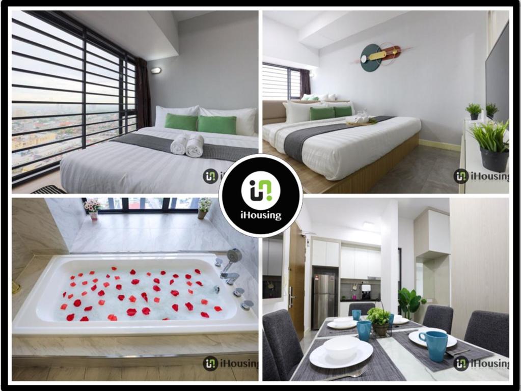 uma colagem de fotografias de um quarto de hotel com uma banheira em Imperio Residence Melaka By I Housing em Malaca