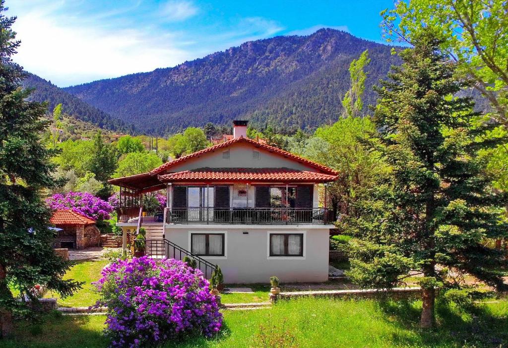 une maison au milieu d'une forêt avec des montagnes dans l'établissement Villa Arcadia, à Vlakhérna