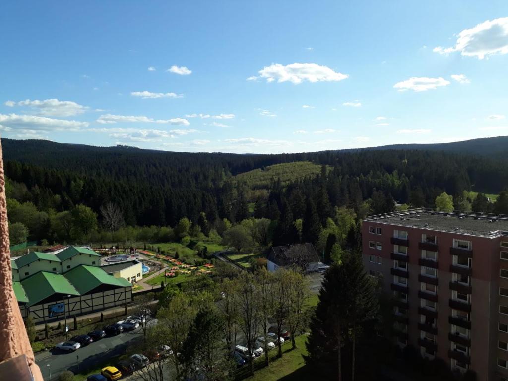 an aerial view of a building and a forest at Ferienwohnung Rapunzel in Altenau