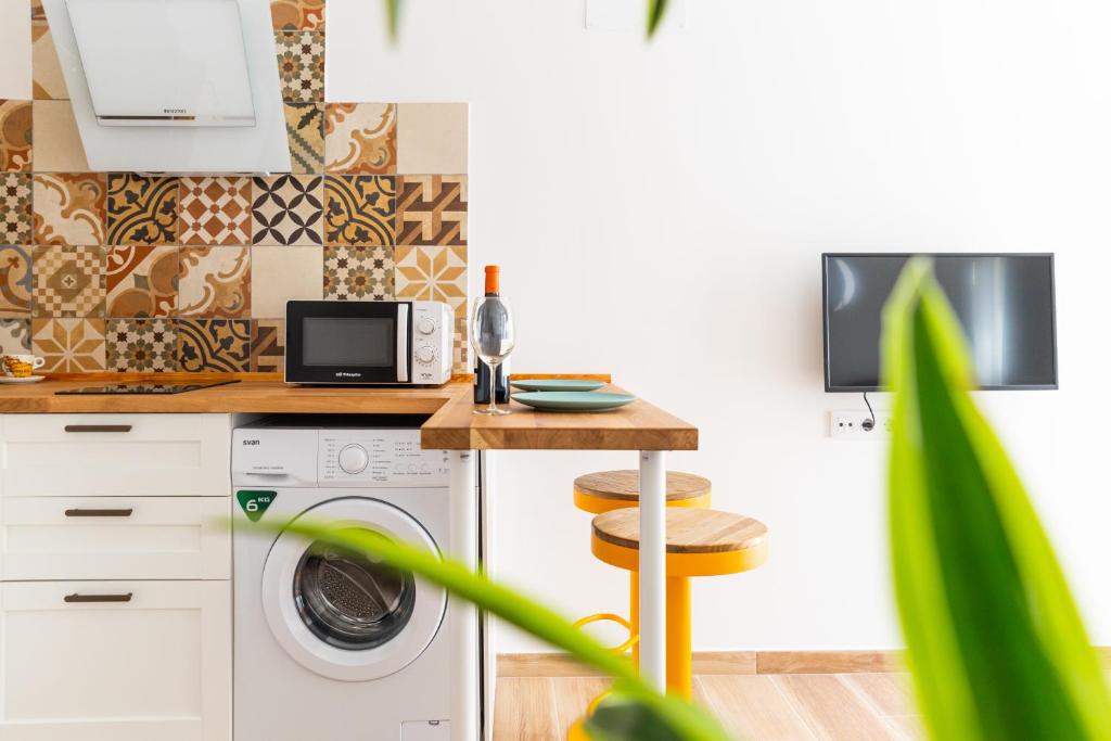 ベヘール・デ・ラ・フロンテーラにあるapartamentos Martin Roioの洗濯機と電子レンジ付きのキッチン