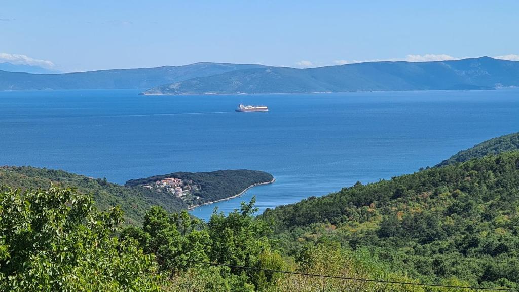 un bateau au milieu d'une grande étendue d'eau dans l'établissement Casa Grande - Violette, Silver and Golden apartments with park and sea view, à Labin