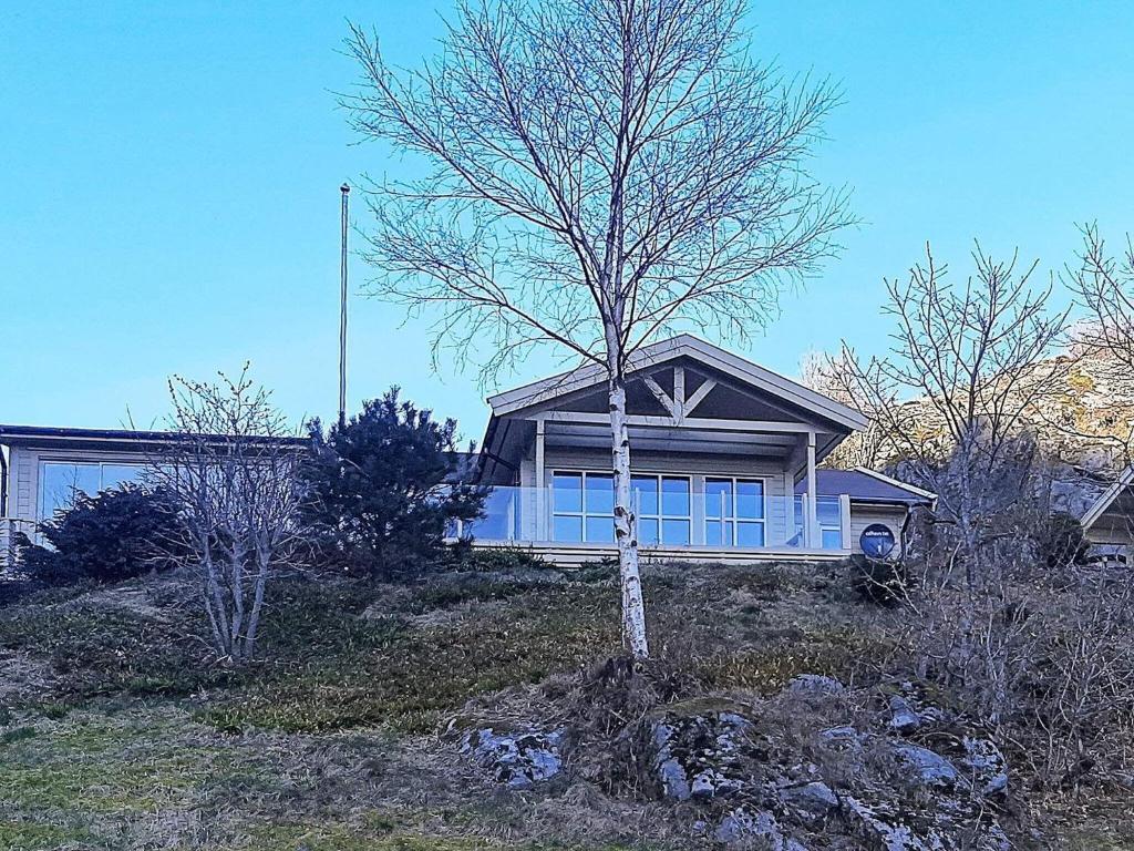 una casa en una colina con un árbol delante en Holiday home lyngdal V, en Lyngdal