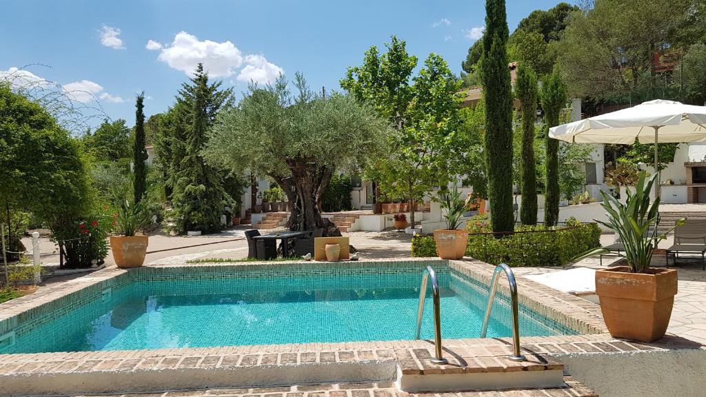 a swimming pool in a yard with an umbrella at Los Mofletes - Adults Only in Chinchón